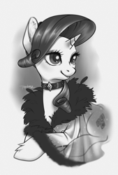 Size: 2362x3496 | Tagged: safe, artist:taytinabelle, character:rarity, species:pony, species:unicorn, g4, black and white, chest fluff, choker, clothing, collar, ear fluff, faux fur, feather boa, female, grayscale, lying down, mare, monochrome, noir, robe, see-through, simple background, smiling, solo, translucent, unshorn fetlocks, white background