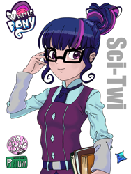 Size: 1668x2224 | Tagged: safe, artist:xjleiu, edit, editor:michaelsety, character:twilight sparkle, character:twilight sparkle (scitwi), species:eqg human, equestria girls:friendship games, g4, my little pony: equestria girls, my little pony:equestria girls, bishoujo, book, clothing, color edit, colored, crystal prep academy uniform, female, glasses, human coloration, light skin edit, logo, school uniform, skin color edit, smiling, solo, whitewashing
