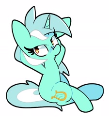 Size: 2000x2222 | Tagged: safe, artist:kindakismet, character:lyra heartstrings, species:pony, species:unicorn, g4, crossed legs, female, high res, hooves behind head, mare, simple background, sitting, solo, white background