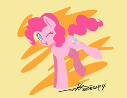 Size: 1584x1224 | Tagged: safe, artist:supermoix, character:pinkie pie, species:earth pony, species:pony, g4, cute, female, lineless, looking at you, mare, no pupils, one eye closed, open mouth, simple background, solo, wink