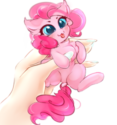 Size: 671x718 | Tagged: safe, artist:haokan, character:pinkie pie, species:earth pony, species:human, species:pony, g4, :3, blep, blushing, cute, diapinkes, dock, ear fluff, female, hand, holding a pony, in goliath's palm, micro, offscreen character, offscreen human, solo, tongue out