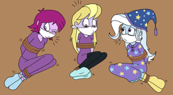 Size: 2659x1472 | Tagged: safe, artist:bugssonicx, character:fuchsia blush, character:lavender lace, character:trixie, g4, my little pony:equestria girls, bondage, bound and gagged, cloth gag, clothing, female, femsub, fuchsiasub, gag, hat, lavendersub, nightcap, nightgown, one eye closed, otn gag, over the nose gag, pajamas, pajamas challenge, rope, rope bondage, sleepover, slumber party, squirming, submissive, the weak and powerless trixie, tied up, trixie and the illusions, trixsub