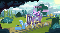 Size: 3840x2160 | Tagged: safe, artist:le-23, character:starlight glimmer, character:trixie, species:pony, species:unicorn, episode:road trippin', g4, my little pony: equestria girls, airship, canterlot, complex background, dialogue, duo, fence, high res, mountain, road, speech bubble, tree, trixie's wagon, windmill