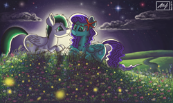 Size: 854x512 | Tagged: safe, artist:dreamyskies, derpibooru original, oc, oc only, oc:aquashock, oc:dreamer skies, species:pegasus, species:pony, g4, accessory, detailed background, dreamy, female, field, firefly, flower, happy, insect, looking at each other, male, moonlight, night, oc x oc, pegasus oc, river, romantic, scenery, shipping, signature, sitting, sky, stars, wings