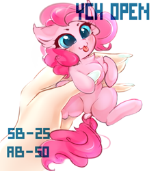 Size: 671x718 | Tagged: safe, artist:haokan, character:pinkie pie, species:earth pony, species:human, species:pony, g4, :3, blep, blushing, cute, diapinkes, dock, ear fluff, female, hand, holding a pony, in goliath's palm, micro, offscreen character, offscreen human, solo, tongue out, ych example, ych sketch, your character here