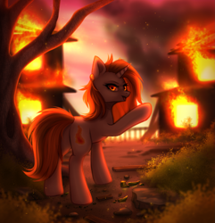 Size: 2317x2400 | Tagged: no source, safe, artist:avrameow, oc, oc only, oc:aurora shinespark, species:pony, species:unicorn, g4, ear piercing, earring, female, fire, jewelry, looking at you, mare, on fire, piercing, pointing, solo, sunset