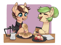 Size: 2866x2110 | Tagged: safe, artist:taytinabelle, oc, oc only, oc:melon bread, oc:mocha sprout, g4, braid, bread, cafe, cake, cheesecake, clothing, coffee, cute, duo, ear fluff, food, fork, hair bun, hanging out, happy, hoof hold, necktie, open mouth, simple background, smiling, strawberry, tongue out, uniform, unshorn fetlocks