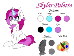 Size: 8000x6000 | Tagged: safe, artist:skylarpalette, oc, oc only, oc:skylar palette, species:pony, species:unicorn, g4, cheek fluff, chest fluff, clothing, cute, cutie mark, ear fluff, female, fluffy, glasses, happy, hoodie, horn, looking up, magic, mare, pink mane, reference sheet, simple background, sitting, unicorn oc, white background, white fur