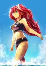Size: 2893x4092 | Tagged: safe, artist:oberon826, character:sunset shimmer, species:eqg human, g4, my little pony: equestria girls, my little pony:equestria girls, bikini, clothing, cloud, female, ocean, sky, sleeveless, solo, summer sunset, swimsuit, water