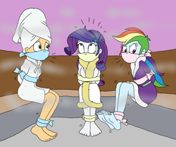 Size: 1803x1500 | Tagged: safe, artist:bugssonicx, character:applejack, character:rainbow dash, character:rarity, g4, my little pony:equestria girls, annoyed, applesub, arm behind back, barefoot, barrette, bathrobe, bondage, bound and gagged, cloth gag, clothing, cute, dashsub, eyes rolling back, feet, female, femsub, gag, legs, looking up, otn gag, over the nose gag, panic, rarisub, robe, sauna, scared, sitting, steam, steam room, submissive, sweat, sweatdrop, tied up, towel, towel on head, trio, trio female