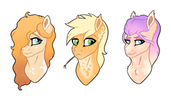Size: 4129x2304 | Tagged: safe, artist:venommocity, character:applejack, character:pear butter, oc, oc:athena (venommocity), parent:applejack, parent:rarity, parents:rarijack, species:pony, g4, bust, magical lesbian spawn, offspring, simple background, white background