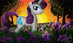 Size: 854x512 | Tagged: safe, artist:dreamyskies, character:rarity, species:pony, species:unicorn, g4, cutie mark, detailed background, evening, female, flower, forest, looking at you, mare, signature, smiley face, smiling, smiling at you, solo, standing, sunset, tree