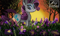 Size: 854x512 | Tagged: safe, artist:dreamyskies, character:rarity, species:pony, species:unicorn, g4, cutie mark, detailed, detailed background, evening, eyelashes, female, flower, heart eyes, looking at you, makeup, mare, redraw, remake, rework, smiling at you, solo, standing, sunset, tree, wingding eyes