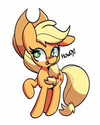 Size: 2500x3125 | Tagged: safe, artist:kindakismet, character:applejack, species:earth pony, species:pony, g4, clothing, cowboy hat, dialogue, female, hat, high res, howdy, mare, open mouth, simple background, solo, white background