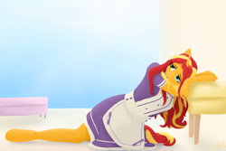 Size: 3840x2560 | Tagged: safe, artist:alicorn-without-horn, character:sunset shimmer, species:anthro, species:pony, species:unguligrade anthro, species:unicorn, g4, alternate hairstyle, chair, clothing, female, leaning, maid, room, sky, solo