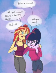 Size: 1024x1326 | Tagged: safe, artist:pettypop, character:sunset shimmer, character:twilight sparkle, character:twilight sparkle (scitwi), species:eqg human, ship:scitwishimmer, ship:sunsetsparkle, g4, my little pony:equestria girls, blushing, clothing, drunk, drunk twilight, drunker shimmer, female, glasses, jeans, lesbian, pants, shipping, sweater