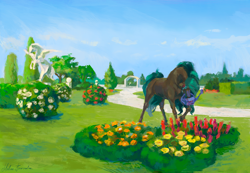 Size: 1754x1216 | Tagged: safe, artist:malinetourmaline, species:earth pony, species:pegasus, species:pony, g4, flower, garden, solo, statue, watering can