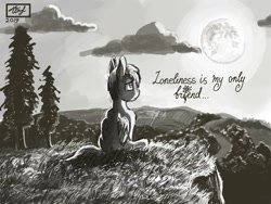 Size: 680x512 | Tagged: safe, artist:dreamyskies, oc, oc only, oc:dreamer skies, species:pegasus, species:pony, g4, cliff, cloud, depressed, depression, detailed, detailed background, field, forest background, grass, horizon, lonely, looking up, male, monochrome, moon, moonlight, night, pegasus oc, pony oc, sad, signature, single, sitting, solo, stallion, text, tree, wings