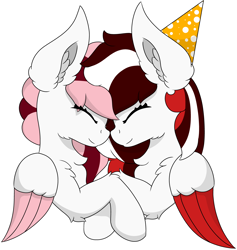 Size: 4640x4891 | Tagged: safe, artist:skylarpalette, oc, oc only, oc:peppermint, oc:toricelli, species:pegasus, species:pony, g4, birthday, cheek fluff, chest fluff, clothing, ear fluff, female, happy, hat, mare, nuzzles, party hat, pegasus oc, simple background, simple shading, transparent background, white fur, wings