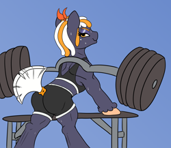 Size: 2550x2210 | Tagged: safe, artist:eow, oc, oc only, oc:beatrice, species:earth pony, species:pony, g4, abstract background, bench, butt, clothing, colored, dumbbell (object), female, flat colors, gym, looking at you, looking back, mare, muscles, muscular female, plot, simple background, skintight clothes, spats, strong mare, sweat, tank top, weight lifting, weights