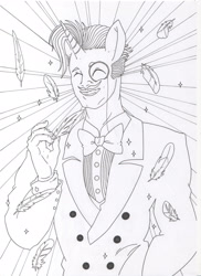 Size: 2087x2874 | Tagged: safe, artist:mohawkrex, character:fancypants, species:anthro, g4, bow tie, clothing, eyes closed, feather, human facial structure, male, monochrome, monocle, smiling, solo, sparkles, suit, traditional art
