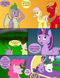 Size: 1000x1291 | Tagged: safe, artist:emilou1985, character:big mcintosh, character:fluttershy, character:pinkie pie, character:rarity, character:spike, character:twilight sparkle, character:twilight sparkle (alicorn), species:alicorn, species:dragon, species:pony, comic:signs, ship:fluttermac, g4, carriage, comic, dialogue, female, labor, male, older, older spike, preggity, preggoshy, preglight sparkle, pregnant, shipping, straight, sweat, winged spike