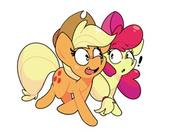 Size: 2643x2032 | Tagged: safe, artist:kindakismet, character:apple bloom, character:applejack, species:earth pony, species:pony, g4, cute, duo, exclamation point, female, filly, high res, mare, open mouth, siblings, simple background, sisters, smiling, white background