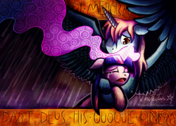 Size: 1700x1214 | Tagged: safe, artist:whitestar1802, character:twilight sparkle, oc, oc only, oc:harmony star, species:alicorn, species:pony, alicorn oc, canon x oc, crying, female, glowing horn, horn, male, mare, rain, shipping, stallion, straight, translated in the description, twimony