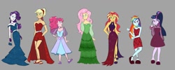 Size: 1280x512 | Tagged: safe, artist:pettypop, character:applejack, character:fluttershy, character:pinkie pie, character:rainbow dash, character:rarity, character:sunset shimmer, character:twilight sparkle, character:twilight sparkle (scitwi), species:eqg human, g4, my little pony:equestria girls, clothing, dress, ear piercing, earring, elegant, fashion, female, gloves, jewelry, piercing, sandals, shoes