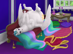 Size: 1200x900 | Tagged: safe, artist:soobel, character:discord, character:princess celestia, species:alicorn, species:draconequus, species:pony, g4, cake, cakelestia, chubbylestia, eye reflection, fat, female, food, huge belly, looking at you, majestic as fuck, male, mare, obese, on back, open mouth, reflection, thick