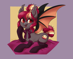 Size: 4375x3500 | Tagged: safe, artist:taytinabelle, oc, oc only, oc:porona, species:bat pony, species:pony, g4, bat pony oc, bat wings, braided tail, chest fluff, clothing, commission, ear fluff, fangs, hair bun, happy, necktie, open mouth, raised hoof, simple background, smiling, socks, solo, spread wings, stockings, thigh highs, wings