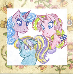Size: 770x776 | Tagged: safe, artist:skypinpony, character:dewdrop dazzle, character:lulu luck, character:starbeam twinkle, g4, eyes closed, female, traditional art, trio, trio female