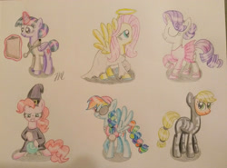 Size: 2845x2108 | Tagged: safe, artist:prinrue, character:applejack, character:fluttershy, character:pinkie pie, character:rainbow dash, character:rarity, character:twilight sparkle, character:twilight sparkle (alicorn), species:alicorn, species:earth pony, species:pegasus, species:pony, species:unicorn, g4, angel, ballerina, bone, clothing, costume, female, mane six, mare, nightmare night, pirate, skeleton, traditional art, witch
