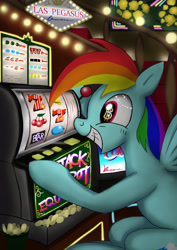 Size: 2480x3508 | Tagged: safe, artist:neoshrek, character:rainbow dash, species:pegasus, species:pony, g4, casino, dollar sign eyes, female, grin, las pegasus, mare, slot machine, smiling, solo, this will end in gambling addiction, wingding eyes