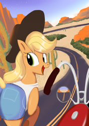 Size: 2480x3508 | Tagged: safe, artist:neoshrek, character:applejack, species:earth pony, species:pony, g4, cactus, clothing, cowboy hat, cowgirl, denim shorts, desert, female, freckles, hat, highway, looking at you, mare, motorcycle, shirt, shorts, solo, tank top, tomboy