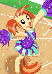 Size: 2480x3508 | Tagged: safe, alternate version, artist:neoshrek, character:shimmy shake, species:pony, episode:2-4-6 greaaat, g4, bipedal, cheerleader, cheerleader outfit, clothing, confetti, female, mare, pom pom, solo, sweat
