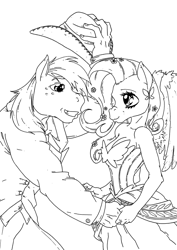 Size: 2463x3482 | Tagged: safe, artist:mohawkrex, edit, character:big mcintosh, character:fluttershy, species:anthro, species:earth pony, species:pegasus, ship:fluttermac, g4, black and white, clothing, cowboy hat, dress, female, flower, flower in hair, gala dress, grayscale, hat, hat tip, hoers, holding hands, lineart, looking at each other, male, monochrome, shipping, simple background, straight, suit, white background
