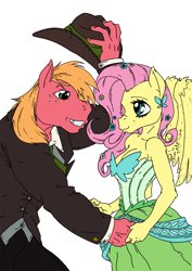 Size: 2463x3482 | Tagged: safe, artist:mohawkrex, edit, character:big mcintosh, character:fluttershy, species:anthro, species:earth pony, species:pegasus, ship:fluttermac, g4, clothing, color edit, colored, cowboy hat, dress, female, flat colors, flower, flower in hair, gala dress, hat, hat tip, hoers, holding hands, looking at each other, male, shipping, simple background, straight, suit, white background