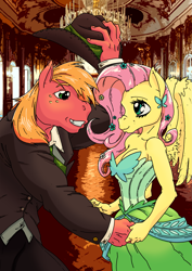 Size: 2463x3482 | Tagged: safe, artist:mohawkrex, edit, character:big mcintosh, character:fluttershy, species:anthro, species:earth pony, species:pegasus, species:pony, ship:fluttermac, g4, ballroom, clothing, color edit, colored, cowboy hat, dress, female, flower, flower in hair, gala dress, hat, hat tip, hoers, holding hands, looking at each other, male, shipping, straight, suit