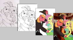Size: 3469x1943 | Tagged: safe, artist:mohawkrex, edit, character:big mcintosh, character:fluttershy, species:anthro, species:earth pony, species:pegasus, species:pony, ship:fluttermac, g4, ballroom, clothing, color edit, colored, cowboy hat, dress, female, flower, flower in hair, gala dress, gray background, hat, hat tip, hoers, holding hands, lineart, looking at each other, male, progression, shipping, simple background, straight, suit, traditional art