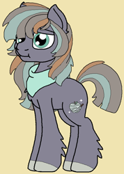 Size: 612x860 | Tagged: safe, artist:rosefang16, oc, oc only, oc:stalagmite apple, parent:big macintosh, parent:marble pie, parents:marblemac, species:earth pony, species:pony, g4, :t, bandana, colt, hoof fluff, male, offspring, simple background, solo, yellow background