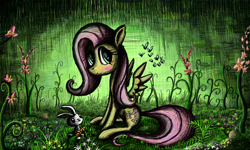 Size: 854x512 | Tagged: safe, artist:dreamyskies, character:angel bunny, character:fluttershy, species:pegasus, species:pony, g4, blushing, carrot, detailed, detailed background, female, flower, food, forest, looking at you, mare, shy, sitting, solo