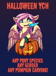 Size: 1498x2048 | Tagged: safe, artist:banoodle, character:fluttershy, species:pegasus, species:pony, g4, halloween, holiday, knife, mouth hold, nightmare night, open ych, pumpkin, solo, ych example, your character here