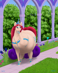Size: 960x1200 | Tagged: safe, artist:soobel, idw, character:princess amore, species:pony, species:unicorn, g4, belly, big belly, crown, eyeshadow, fat, female, flower, grass, jewelry, looking at you, makeup, mare, raised hoof, regalia, underhoof