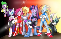 Size: 1112x718 | Tagged: safe, artist:tinker-tock, idw, character:applejack, character:fluttershy, character:pinkie pie, character:rainbow dash, character:rarity, character:spike, character:twilight sparkle, species:anthro, species:dragon, g4, amy rose, archie comics, boots, breasts, bunnie rabbot, busty applejack, busty fluttershy, busty mane six, busty pinkie pie, busty rainbow dash, busty rarity, busty twilight sparkle, crossover, high heel boots, high heels, latex, line-up, looking offscreen, mane seven, mane six, mashup, miles "tails" prower, rouge the bat, rubber, sally acorn, sega, shoes, sonic dash, sonic the hedgehog, sonic the hedgehog (series), whisper the wolf, winged spike