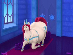 Size: 1280x960 | Tagged: safe, artist:soobel, character:princess amore, species:pony, species:unicorn, g4, belly, big belly, bowing, carpet, castle, crown, door, fat, female, jewelry, kneeling, large butt, mare, regalia, solo, window