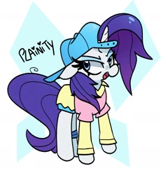 Size: 1716x1869 | Tagged: safe, artist:kindakismet, character:rarity, species:pony, species:unicorn, episode:friendship university, g4, my little pony: friendship is magic, alternate hairstyle, backwards ballcap, baseball cap, cap, clothing, cutie mark background, disguise, female, hat, mare, open mouth, plainity, solo