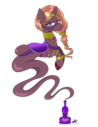 Size: 1179x1538 | Tagged: safe, artist:deltafairy, oc, oc only, oc:zirithustra, species:pony, species:unicorn, g4, bottle, bracelet, bridle, ear piercing, earring, female, floating, genie, genie pony, hairband, horn, horn ring, jewelry, locket, looking at you, mare, neck rings, piercing, ring, saddle, simple background, smiling, solo, tack, transparent background
