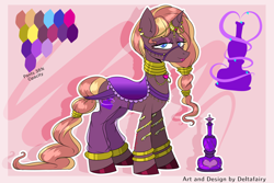 Size: 1568x1049 | Tagged: safe, artist:deltafairy, oc, oc only, oc:zirithustra, species:pony, species:unicorn, g4, bottle, bracelet, bridle, clothing, cutie mark, ear piercing, earring, female, genie, hairband, horn, horn ring, jewelry, leggings, lidded eyes, locket, looking at you, mare, neck rings, piercing, reference sheet, ring, saddle, smiling, solo, tack