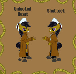 Size: 2657x2588 | Tagged: safe, artist:lyraalluse, oc, oc only, oc:shot lock, oc:unlocked heart, species:anthro, species:earth pony, species:pony, g4, brown background, clothing, duo, original character do not steal, simple background, trenchcoat